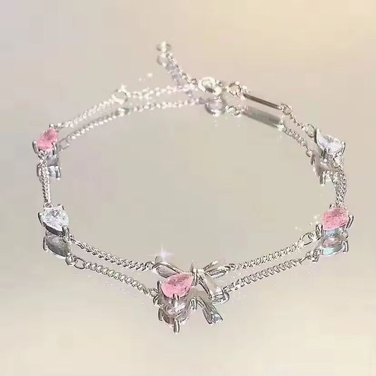 Steel Fun New Women Bracelet Shiny Pink Zircon Butterfly Cherry Blossom Hand Chain for Girls Friendship Gift Y2k Accessories